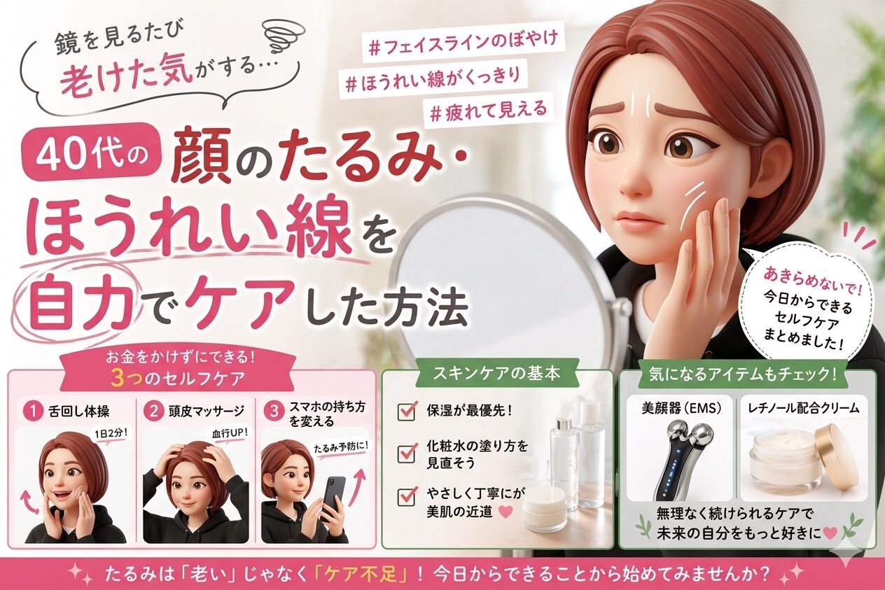 顔のたるみ、ほうれい線などのエイジングの悩みを解決するブログのアイキャッチ画像