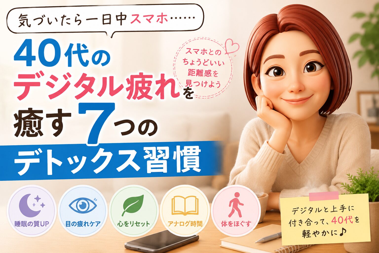 40代デジタル疲れを癒す７つの方法について書いたブログ記事のアイキャッチ画像