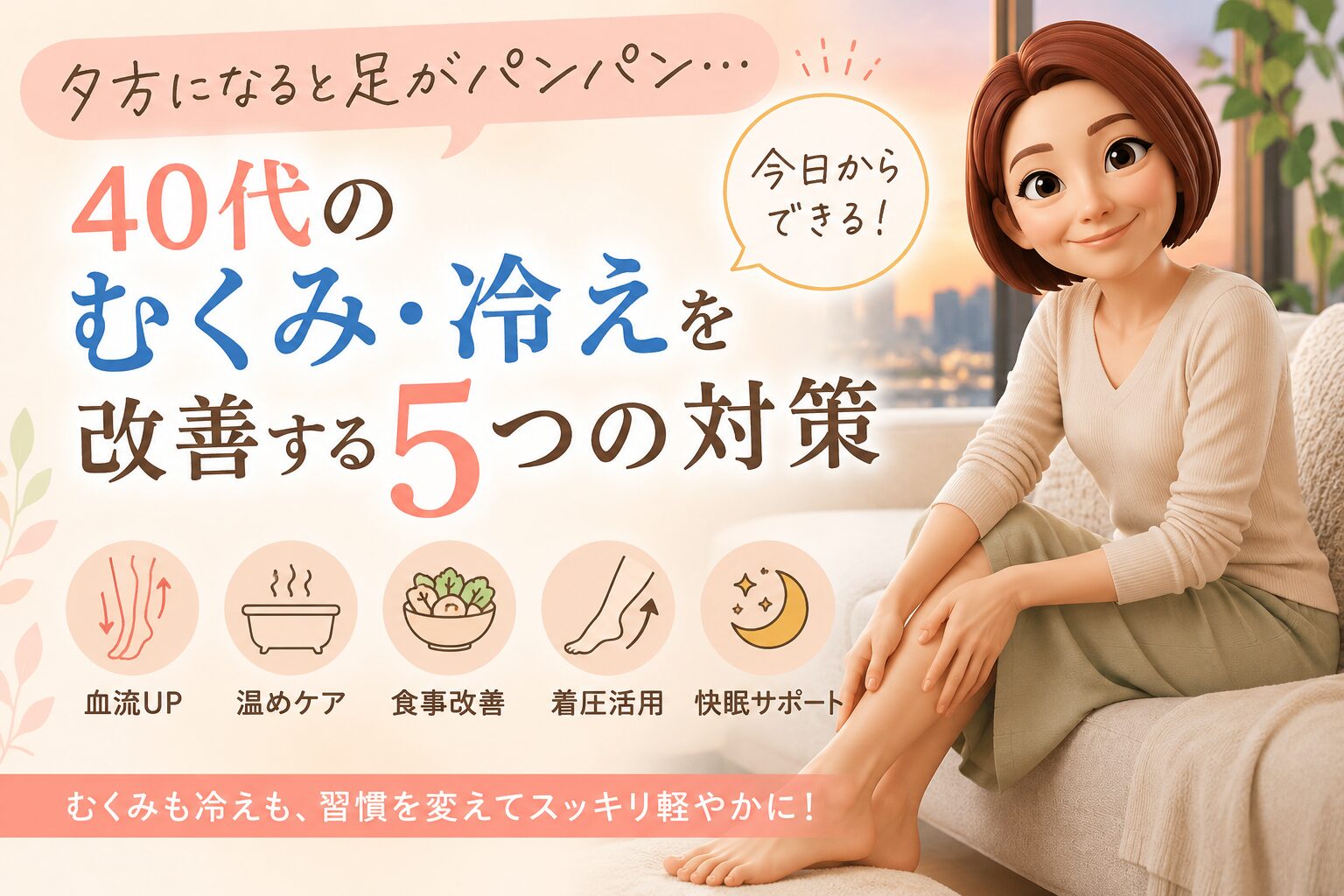 むくみと冷えを改善する５つの対策を書いたブログ記事のアイキャッチ画像