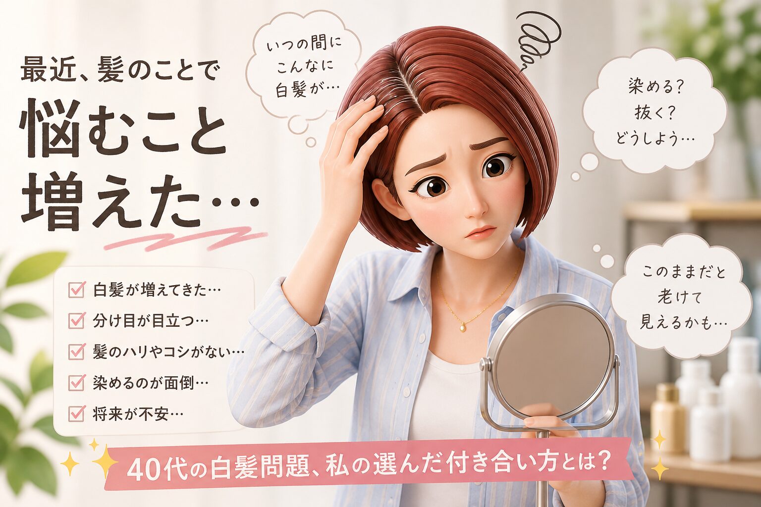 40代髪の悩み、白髪について対策・解決法について書いたブログ記事のアイキャッチ画像