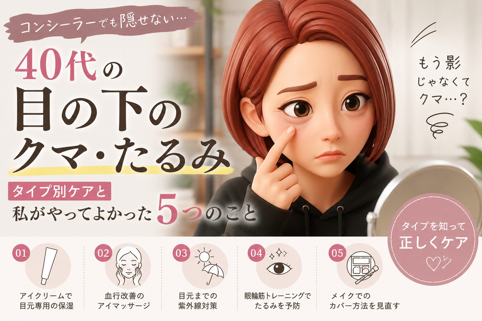 目の下のクマ・たるみを改善する５つの方法について書いたブログ記事のアイキャッチ画像