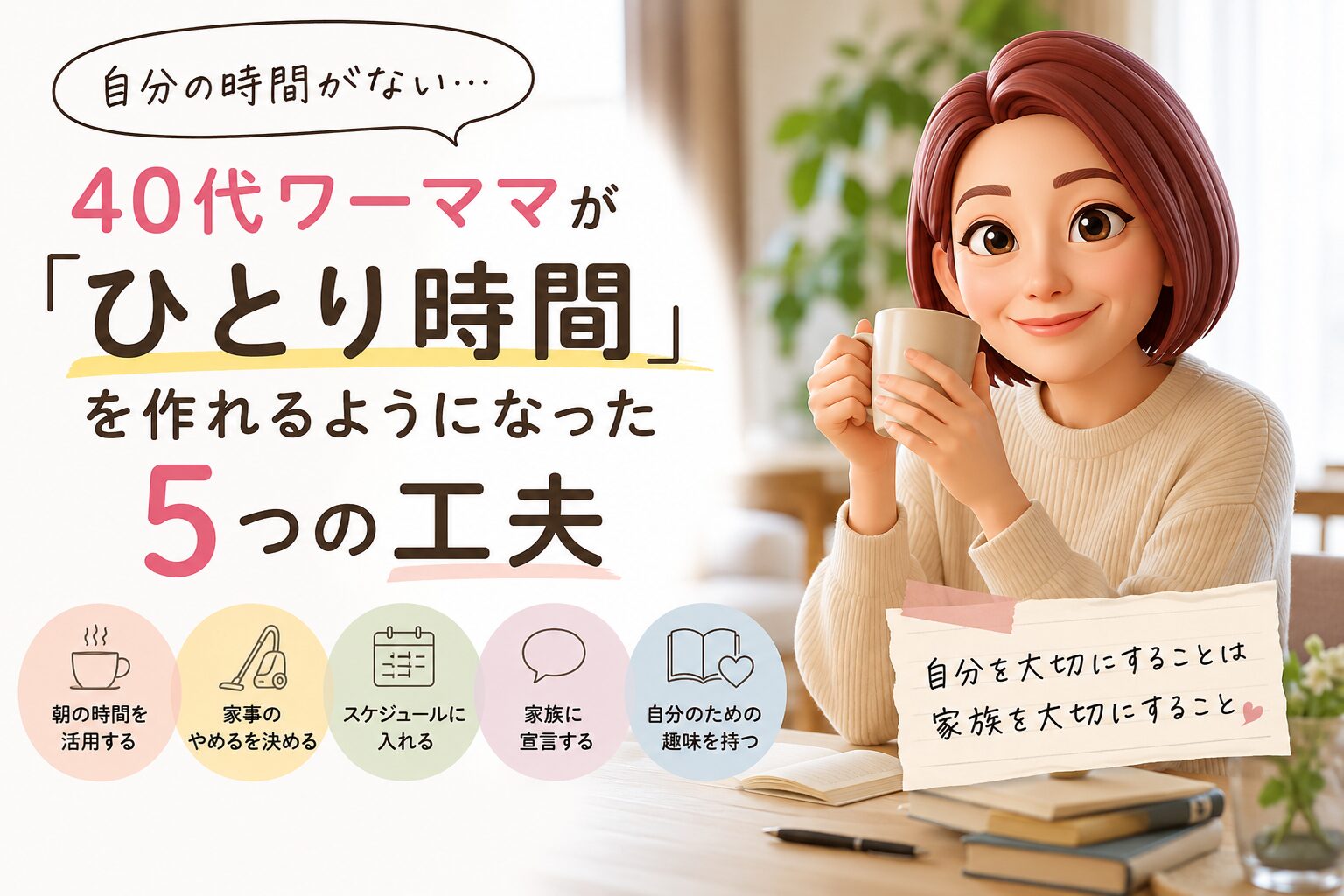 40代ワーママのひとり時間を作る工夫についてかいたブログ記事のアイキャッチ画像