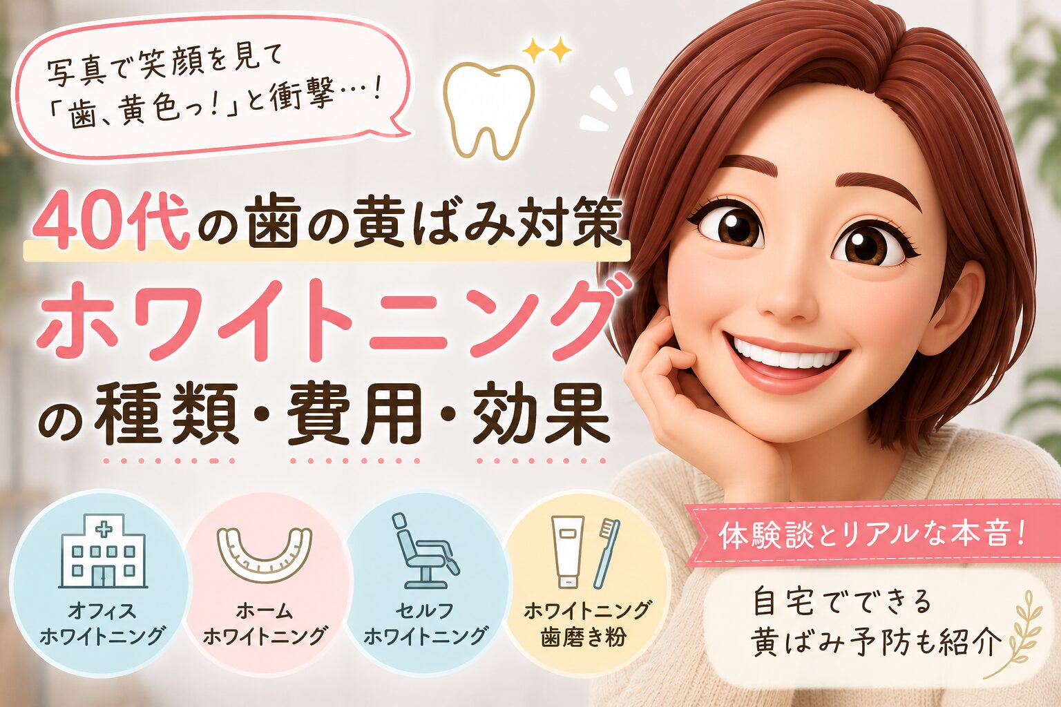 40代の歯の悩み、黄ばみ対策ホワイトニングについて書いたブログ記事のアイキャッチ画像
