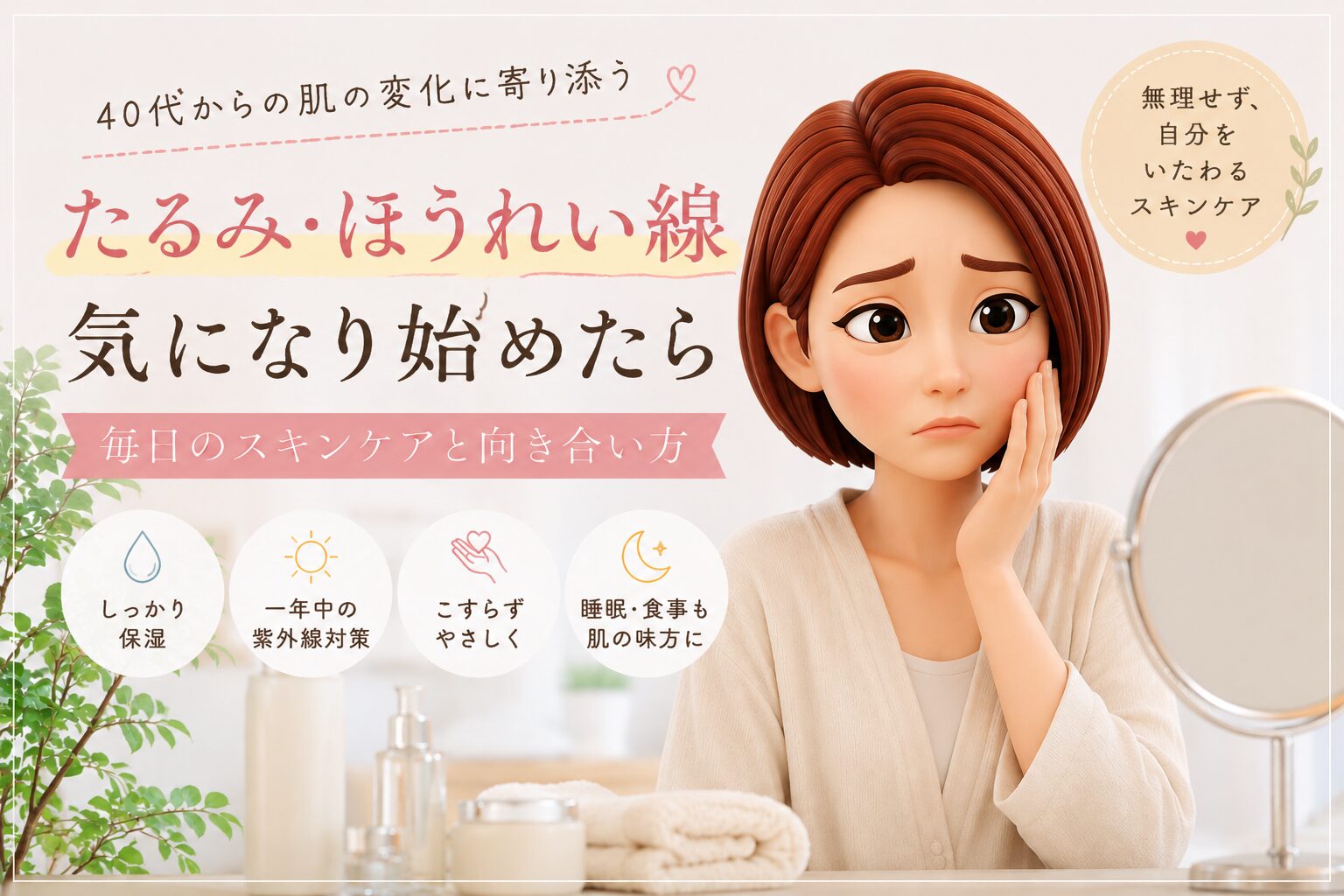 40代たるみ・ほうれい線が気になったら始めるスキンケアについて書いたブログ記事のアイキャッチ画像