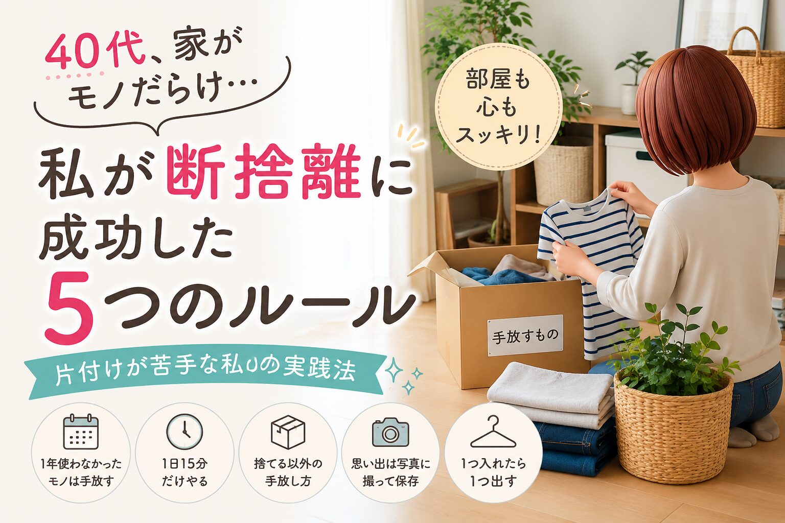 家が物だらけの40代主婦断捨離に成功した５つのルールについて書いたブログ記事のアイキャッチ画像