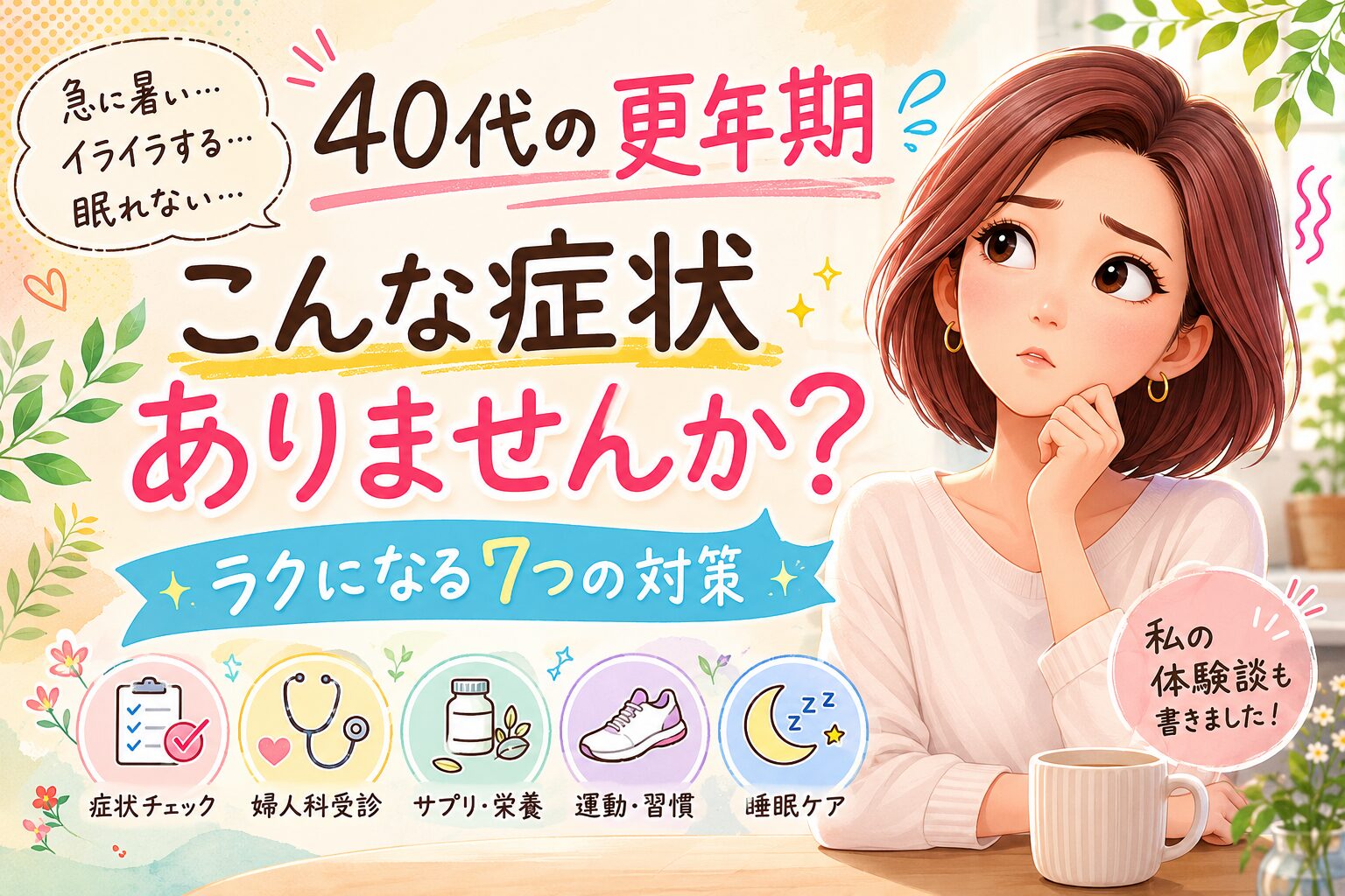 40代の更年期の症状楽になる７つの対策について書いたブログ記事のアイキャッチ画像