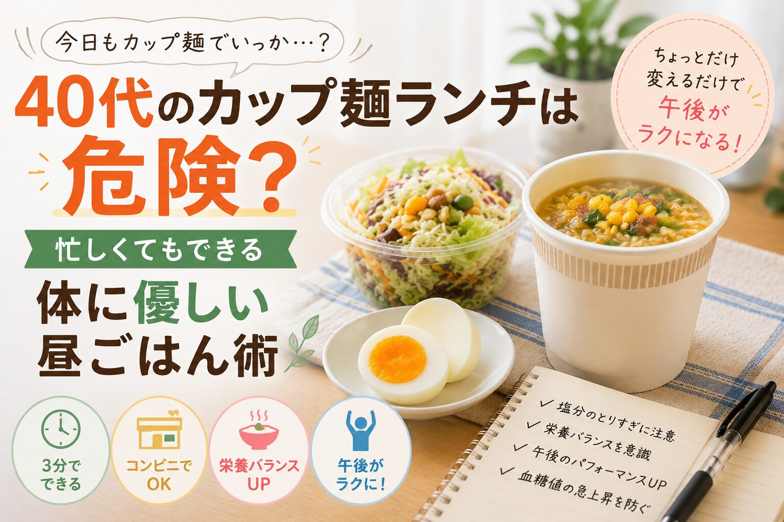 40代のカップラーメンは危険？体に優しいご飯術について書いたブログ記事のアイキャッチ画像
