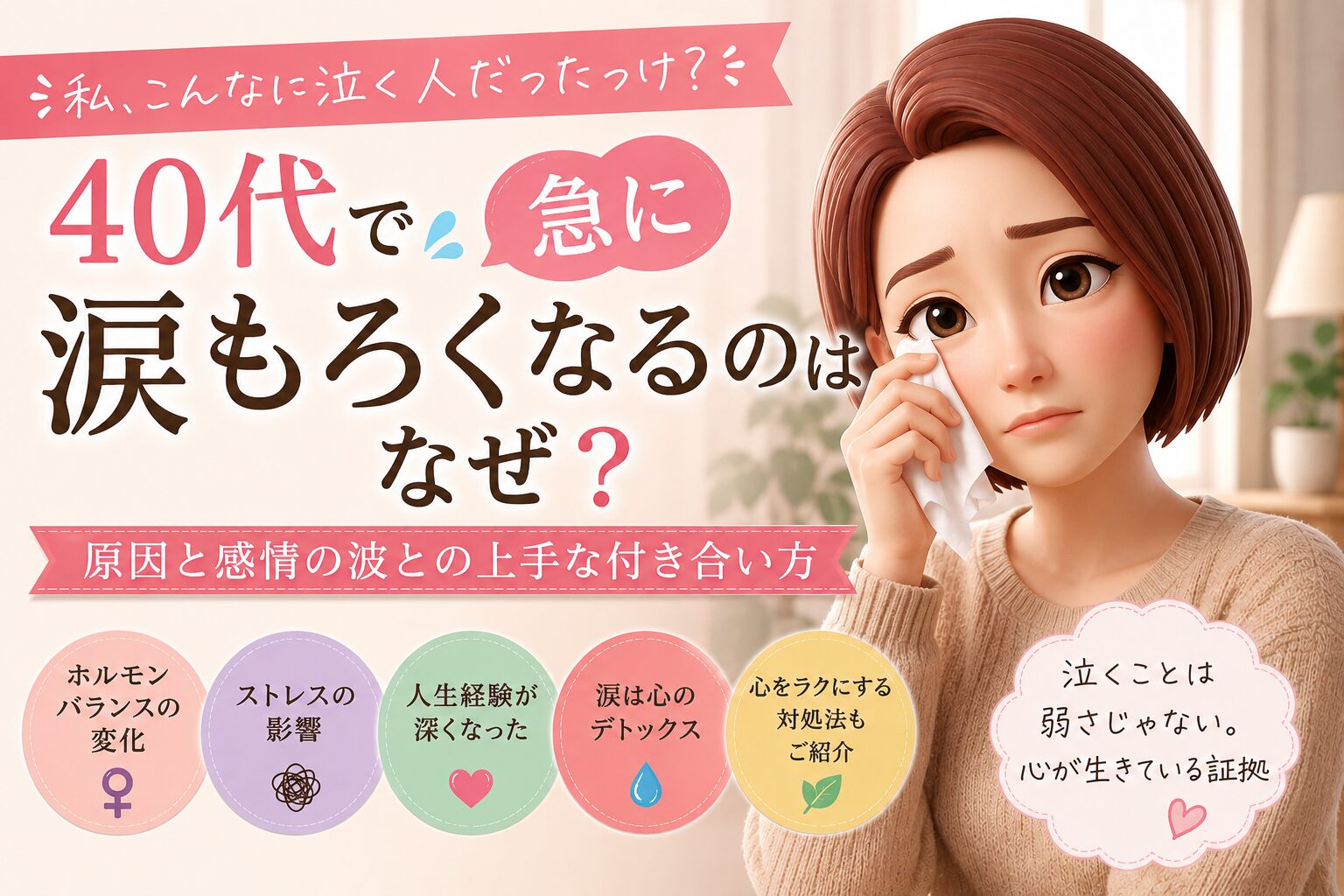 40代40代涙もろくなる理由を描いたブログ記事のアイキャッチ画像