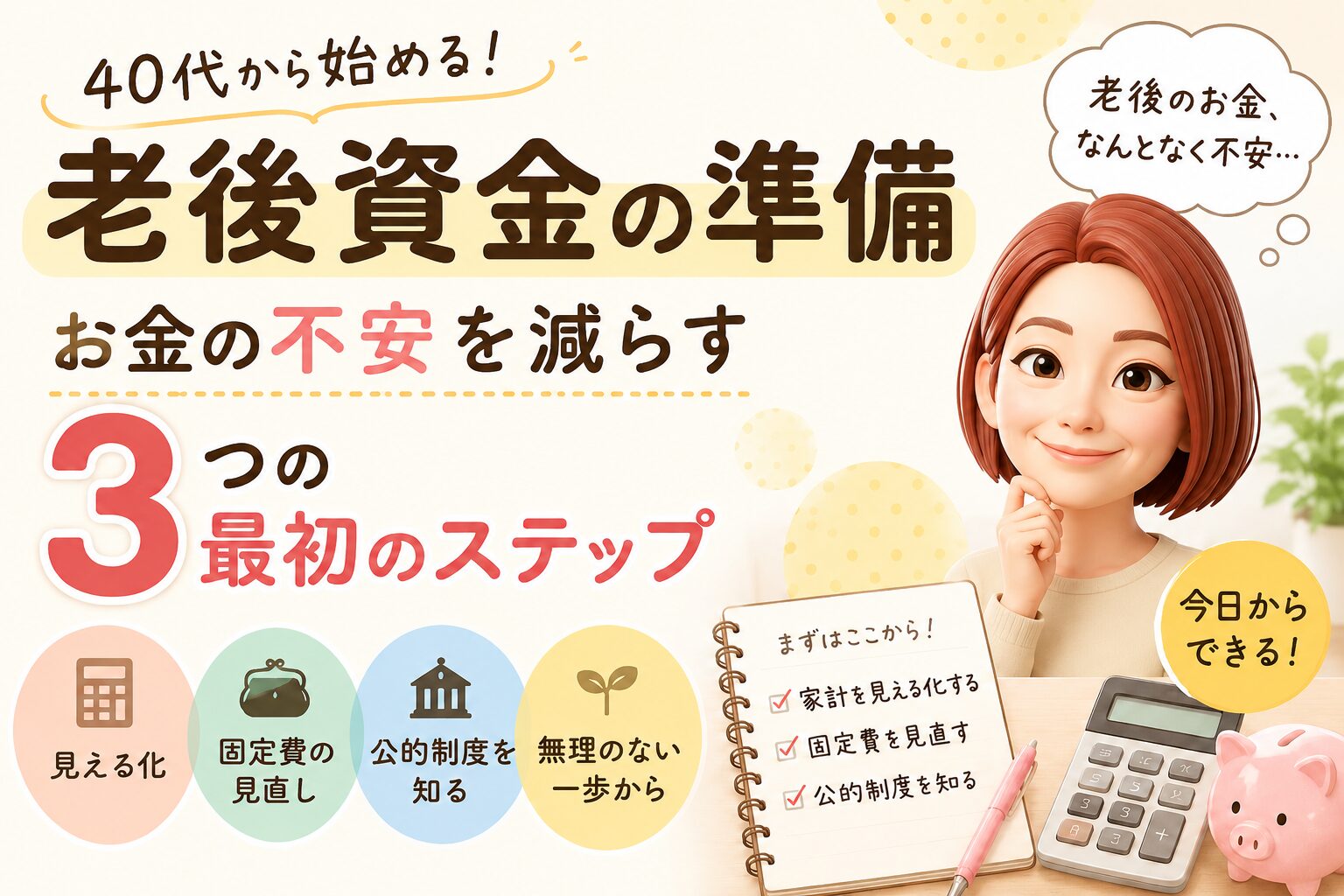 40代老後資金準備、お金の不安を減らす３ステップについて書いたブログ記事のアイキャッチ画像
