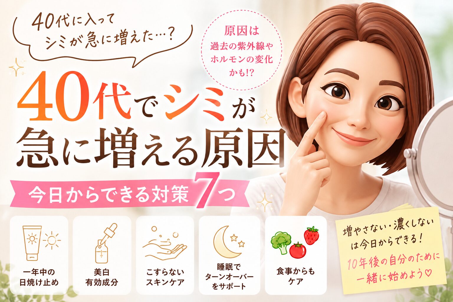 40代でシミが急に増える原因と今日からできる対策７つについて書いたブログ記事のアイキャッチ画像