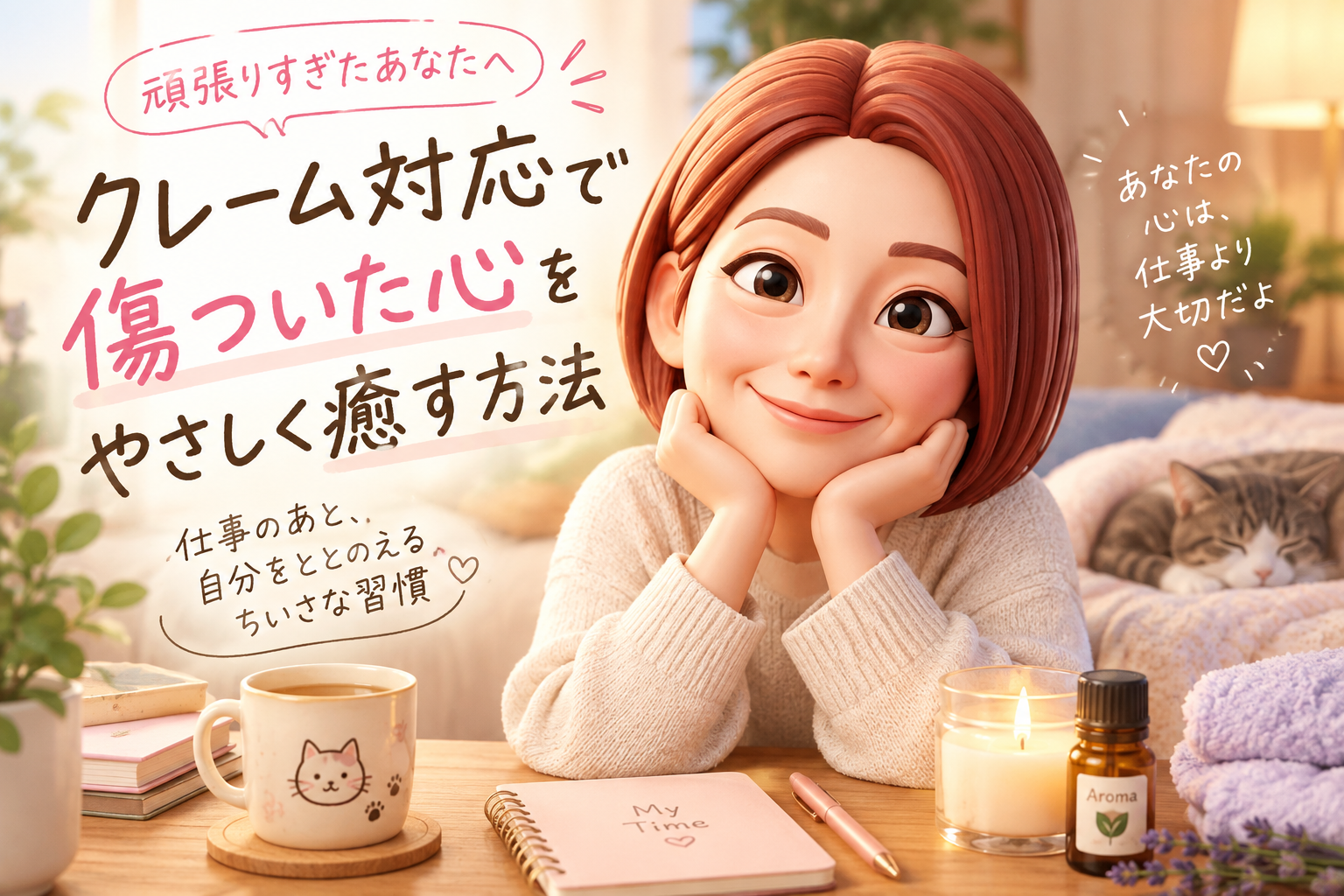 仕事で疲れた心を癒すための方法について書いたブログ記事のアイキャッチ画像